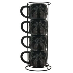 Black Skull Mug Set 4 with Stand Halloween Stacking Mugs Coffee Black Cup OW